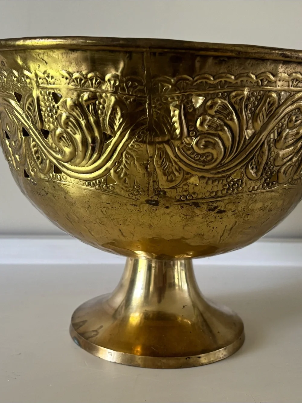 Brass Pedestal Bowl with Embossed Floral Motif - Gold Tone